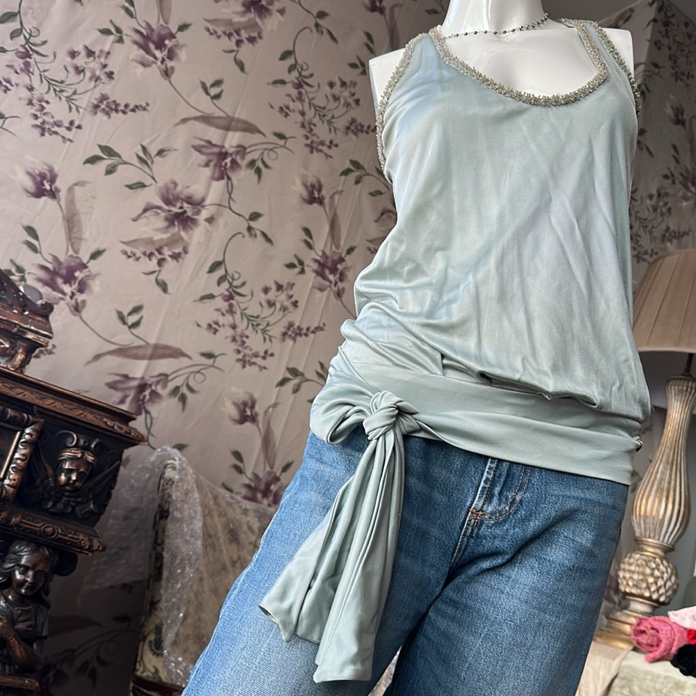 Vintage Pastel Sage Satin Jersey Racer back top tank Sash hips Embellished beads
